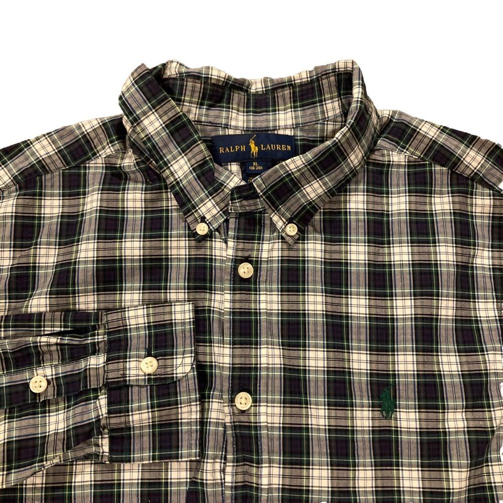 Ralph Lauren Kids‎ XL 18-20 Plaid Button Down Shirt Navy Green White Cotton
